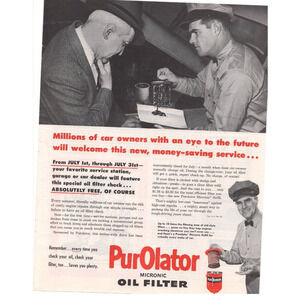 Vintage Original Purolator Magazine Advertisement 1951 Automobilia Petroliana